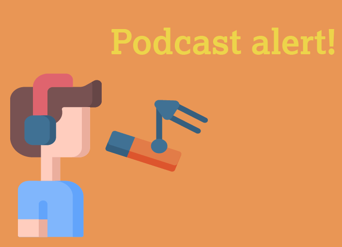 An illustration showing a man making a podcast